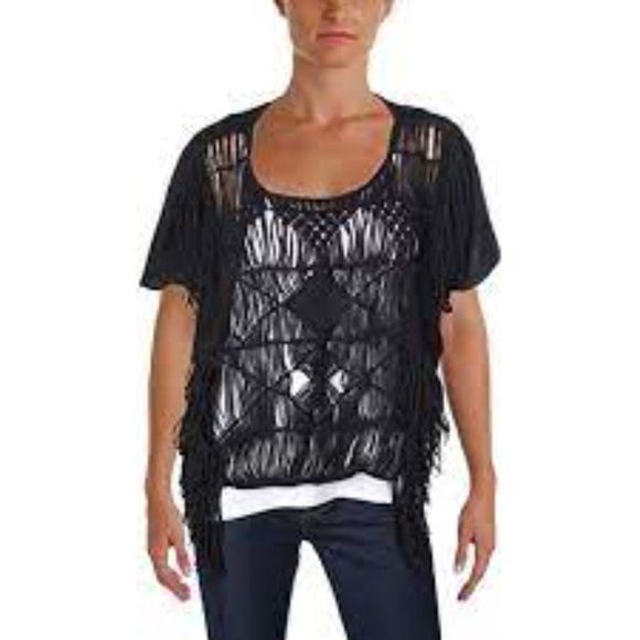 🖤Ralph Lauren NWT Denim&Supl Black Fringe Top, L - Picture 2 of 11